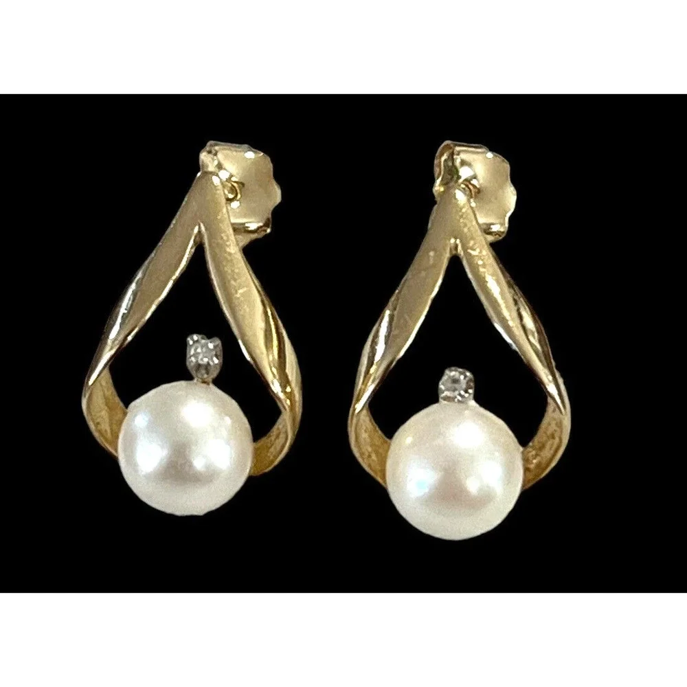 Vintage Signed UL 14K Gold Pearl Diamond Drop Pierced Earrings - Picture 1 of 10